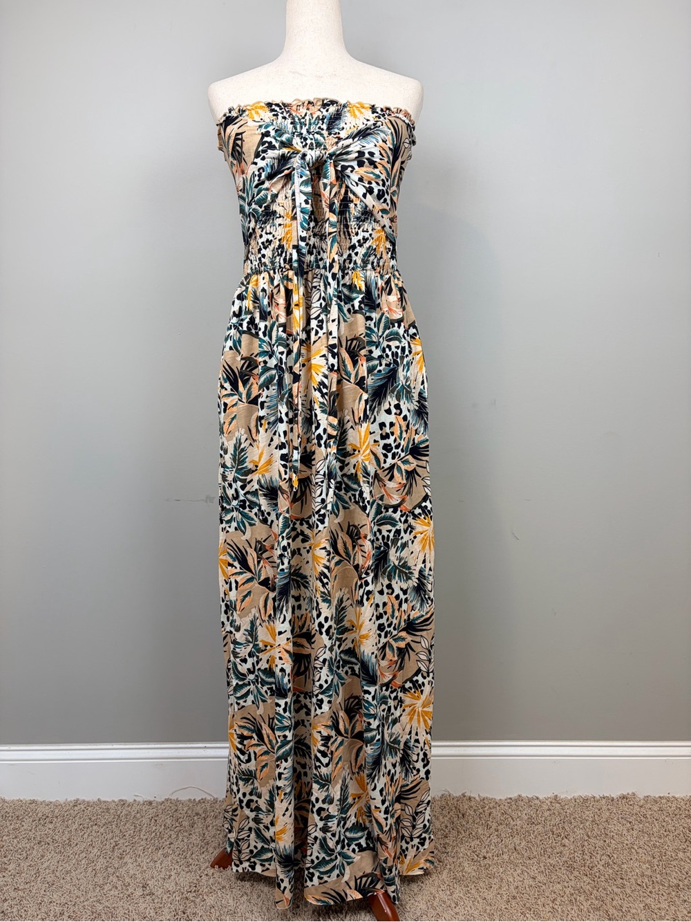 Cato‎ Women’s Strapless Maxi Dress L NWT Tropical Animal Print Smocked Pockets